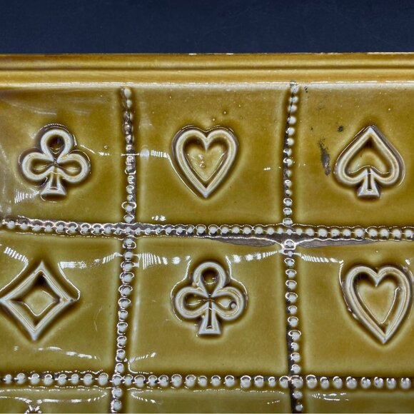 Vintage Cigarette Box Ashtray Set Mid Century Ceramic Card Suits Yellow Gold 60s - Picture 4 of 9